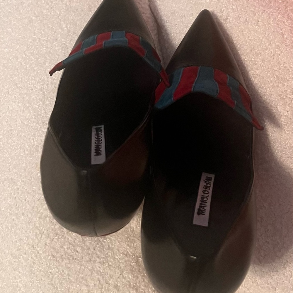 Manolo Blahnik Black Heels with Red and Blue Stripes - Picture 6 of 15